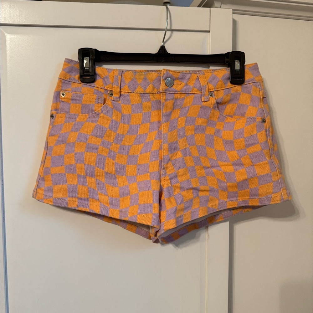 Forever 21 Women’s Orange and Purple Checkered Jean Shorts